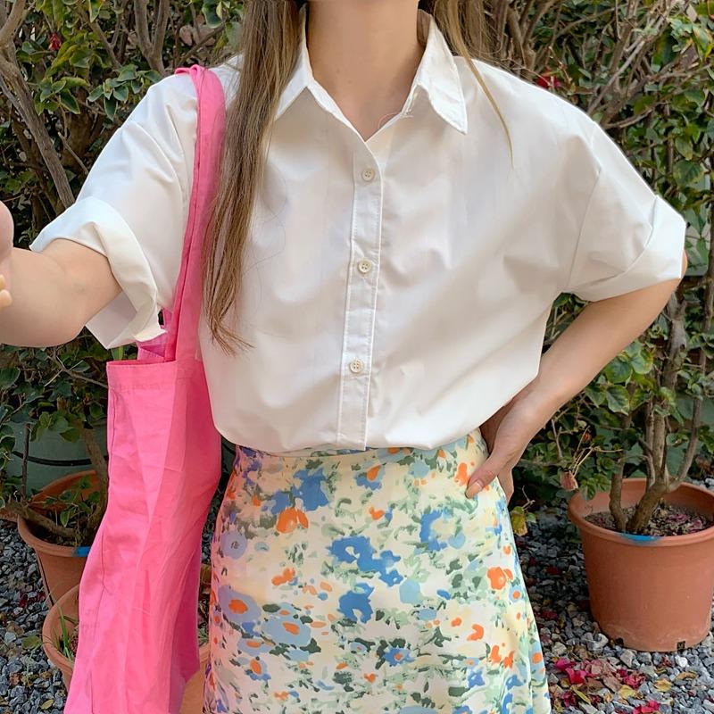 Summer Short Sleeve Solid Casual Shirts Women Fashion New Thin Single Breasted Loose Blouse Women Elegant Slim Fit Simple Office Lady Shirt Tops 26284