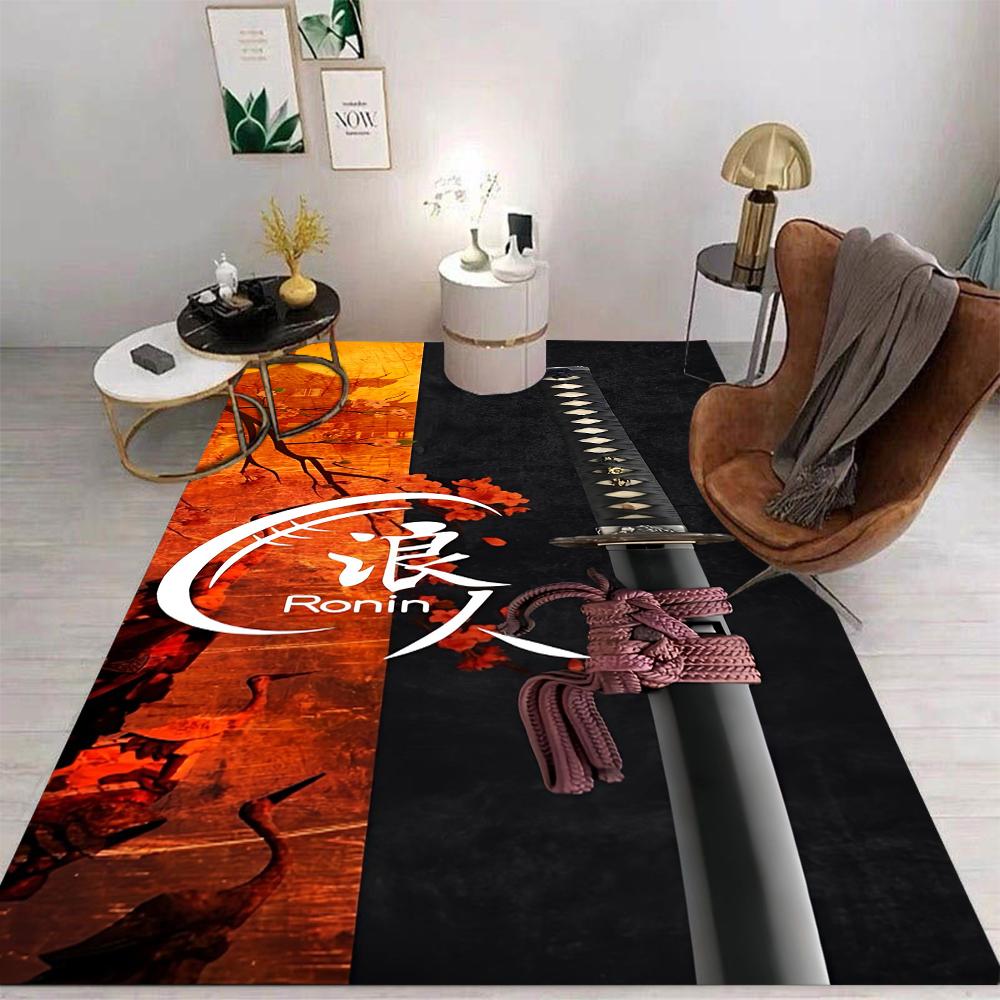 Samurai Katana Printing Carpet Mat Rug Japanese Ronin Theme Red Sun Black Background Home Decoration Living Room Floor Mat