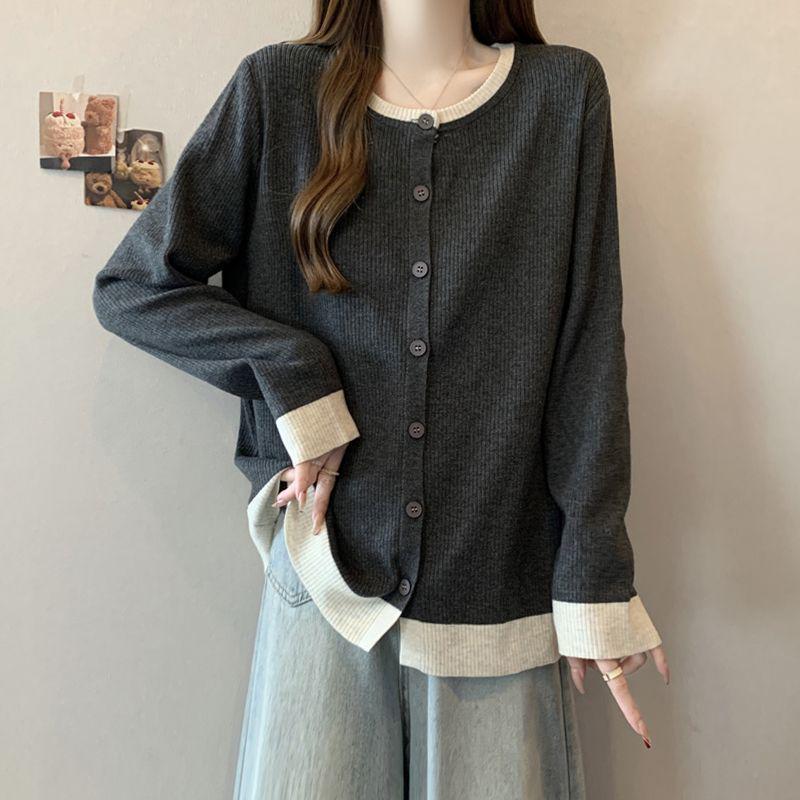 

Plus Size Women s Color Block Round Neck Long Sleeve T-shirt – Slimming Spring/Autumn Loose Fit Base Layer Top 3XL (161-180 lbs) сірий колір