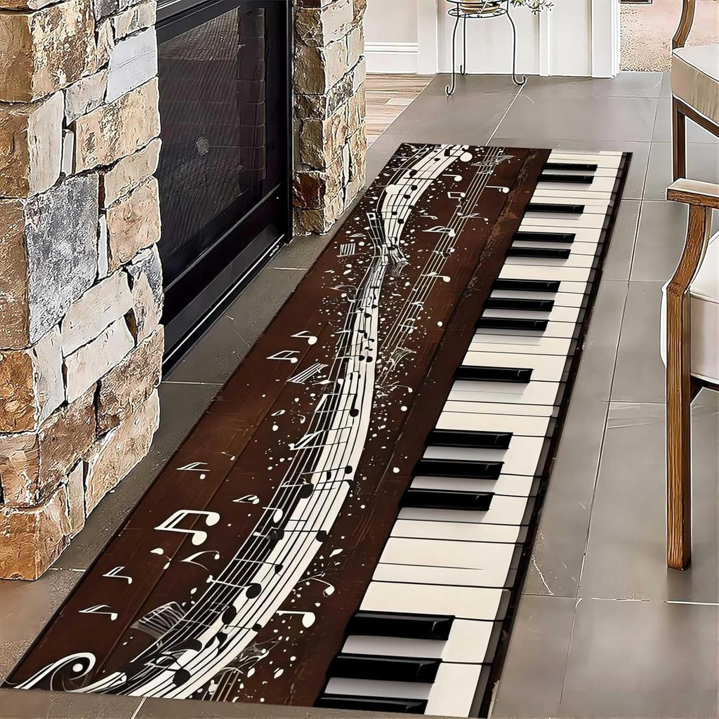 Piano Runner Hallway Rug, Black and White Piano Keyboard Notes Notebook Indoor Rug Non-Slip Washable Carpet, Dining Room Carpets