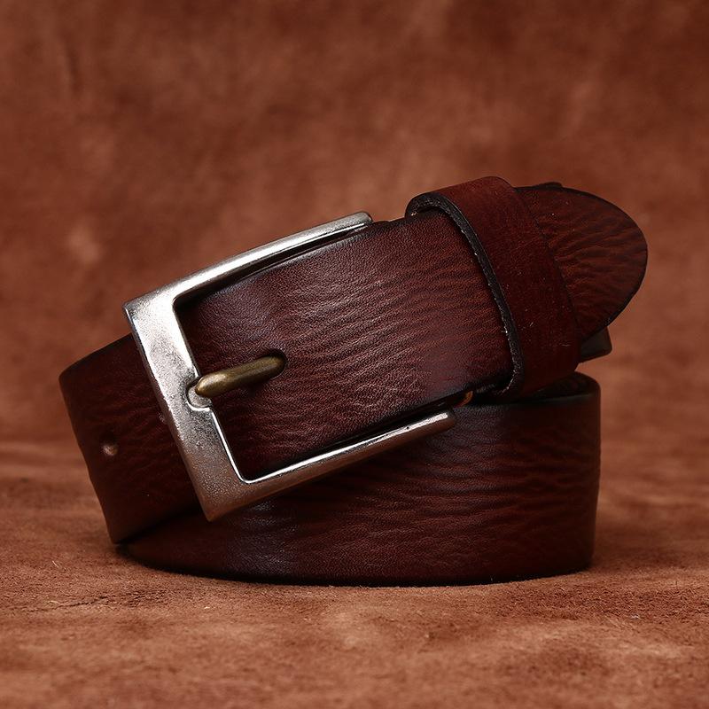 Belt Men's British Retro Distressed Emboss First Layer Cowhide Leather Hong Kong Style Arts Casual Jeans Belt Men's