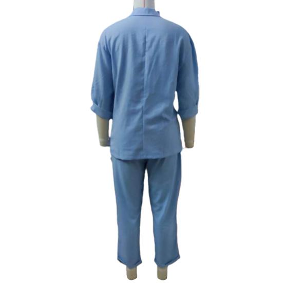 2Pcs/Set Women Spring Autumn Casual Outfit Lapel 45720 Sleeve Single Button Pockets