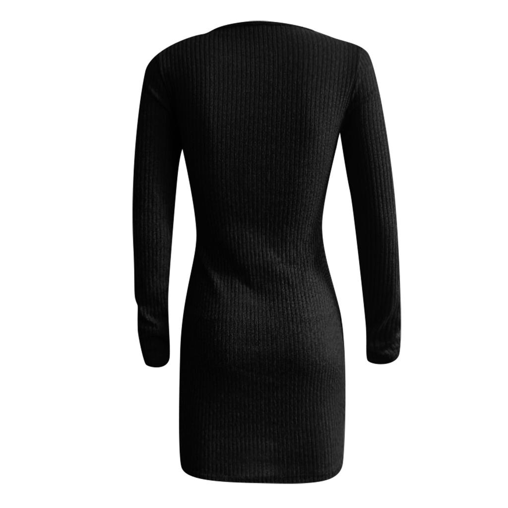 Ladies Casual  Color Woolen Skirt Zipper Waist Long Sleeve Knitted Hip Dress