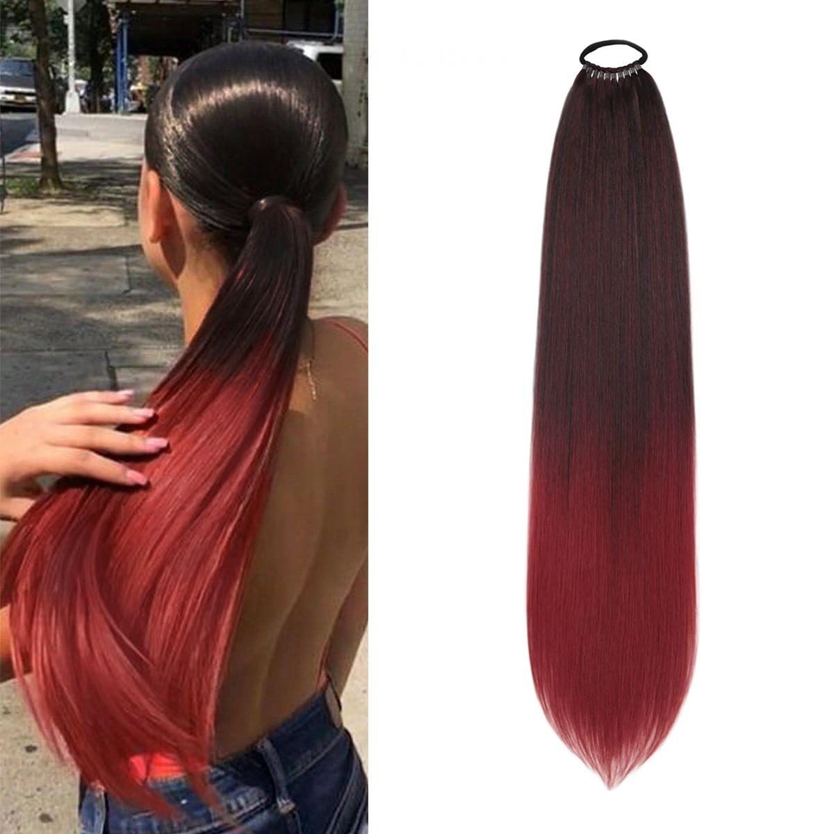 

Синтетические наращивания хвоста на эластичной ленте, прямой наращивание хвоста для женщин, длинный прямой мягкий натуральный хвост 24 дюйма