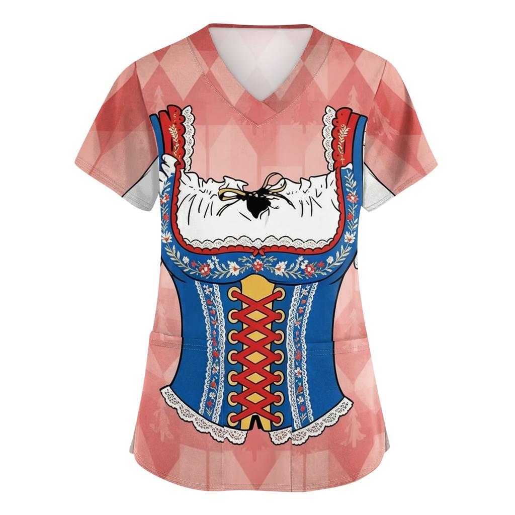 Women V Neck Short Sleeve Work Shirt with Pockets Oktoberfest Print Nursing Scrub Top Comfortable Fit Lightweight Fabric