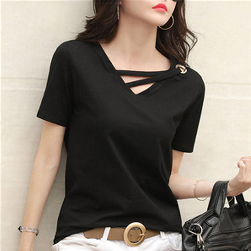 Women Summer Short-Sleeved V-Neck Top Loose Korean Style Casual Sexy T-Shirt