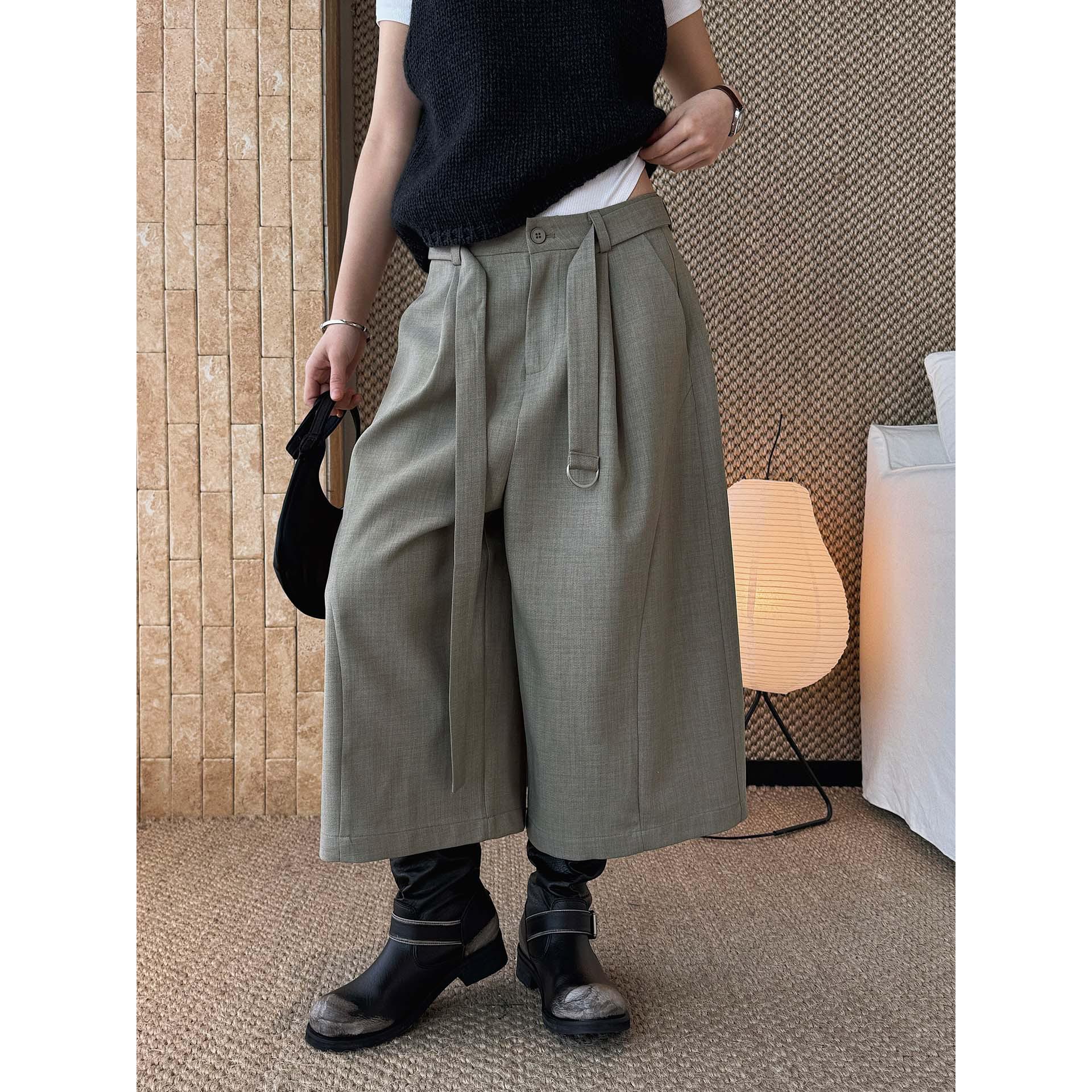 Xu Man Women s Spring Retro High-Waist Wide-Leg Floral Cropped Pants with Belt Buckle L