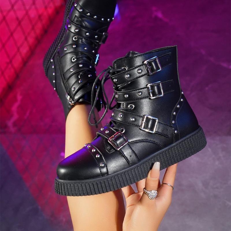 Fashion Spring New Flat Boots Women Fashion Round Head Rivet Front Lacing Side Zipper Anti-slip Wear-resistant Short Boots