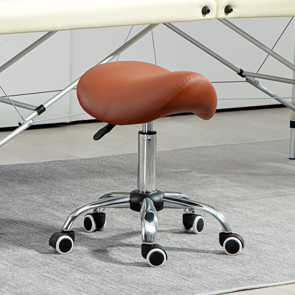 Saddle Stool, Height Adjustable Salon Chair for Massage Spa, Faux Leather, Brown