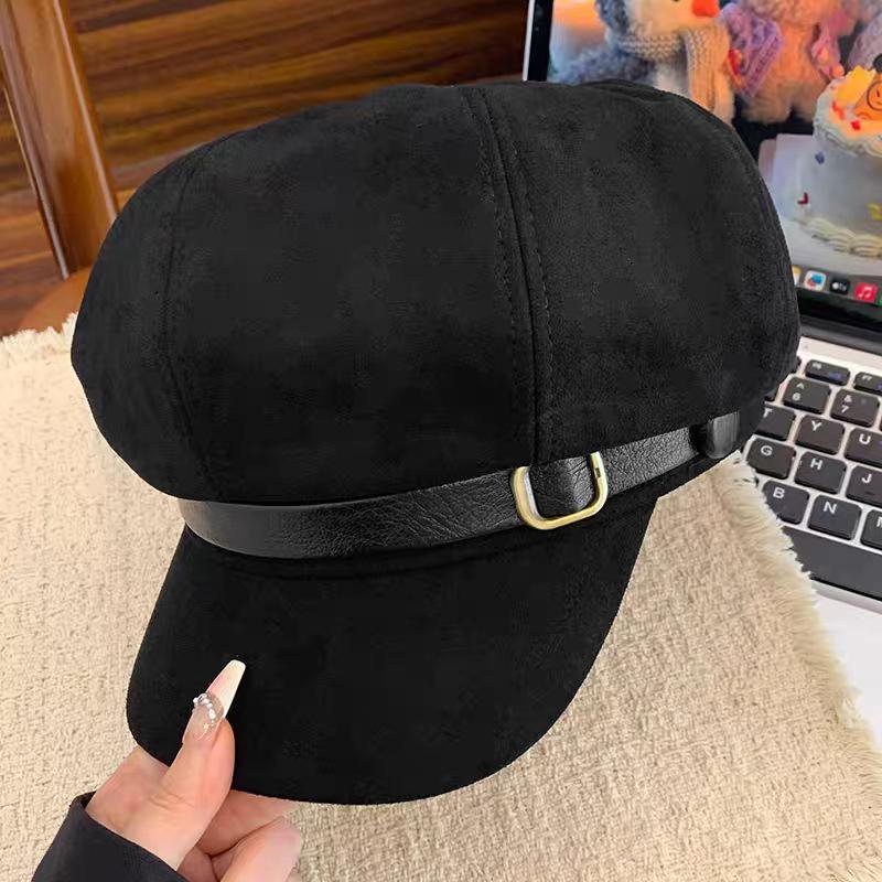 Vintage belt buckle suede beret children autumn and winter maillard style octagonal hat casual face little painter hat