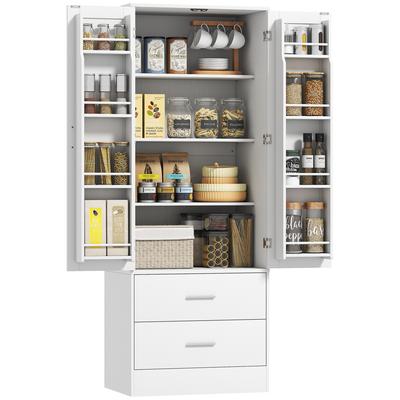 159 Cm Kitchen Cabinet, Adjustable Shelves, 2 Drawers, for Kitchen, Dining Room, Chipboard, MDF, White