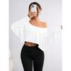 Women's Off Shoulder Long Sleeve Solid Color Loose Fit Casual Cropped Top T-Shirt