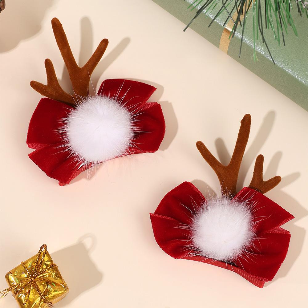 2Pcs Christmas Reindeer Antlers Hair Clips Red Velvet Bow With Fluffy Pom Pom Hairpins For Girls Kids New Year Hair Accessories