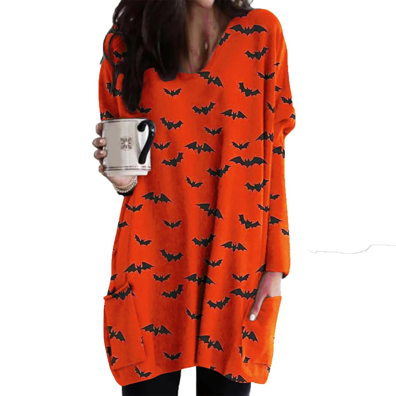 

Ladies Casual Halloween Print Round Neck Pullover Long Sleeve Pocket Midi Top L золотий