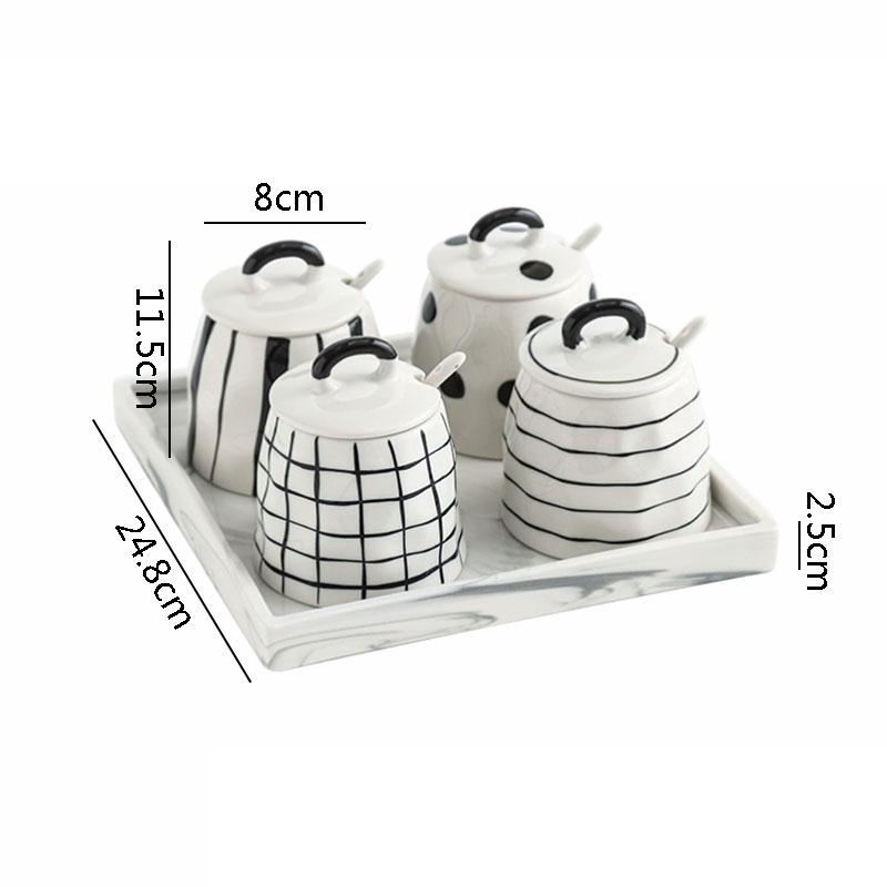 Borcan de condimente din ceramică creativ cu lingură Borcan de sare desenat manual Borcan de condimente Borcane de bomboane Borcane de piper Instrument de condiment de uz casnic