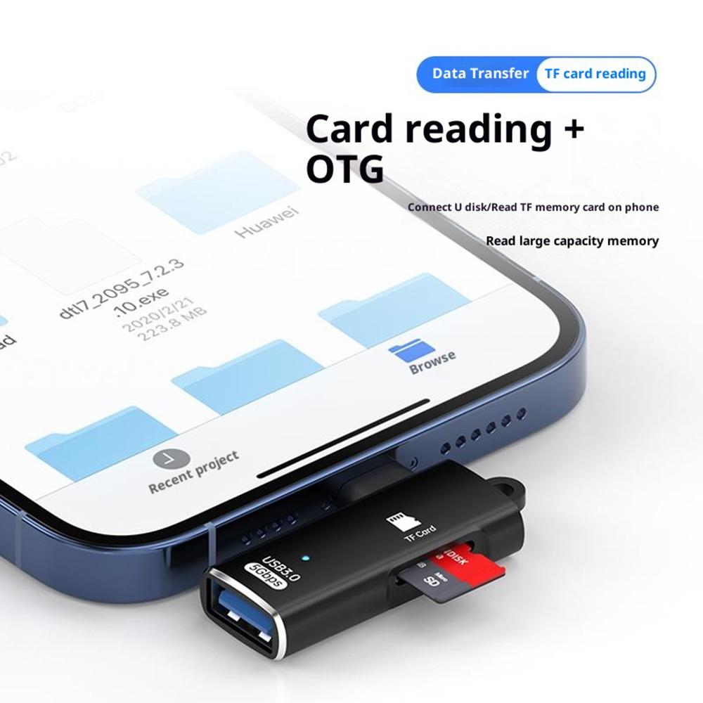 TYS-304 Angled Type-C OTG Adapter to USB 3.0 + TF Card Slot Converter for Mouse/Keyboard/Flash Drive/SSD
