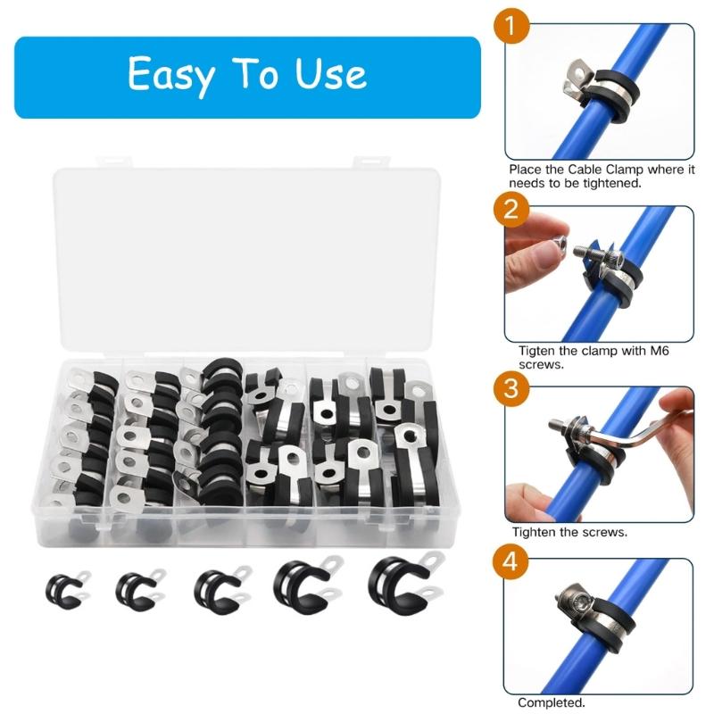 Upgrades Steel Rubber Cushioned Cable Clamps 25pcs Assorted Size Pipe Clip Multipurpose Wire Clamps for Secure Wiring