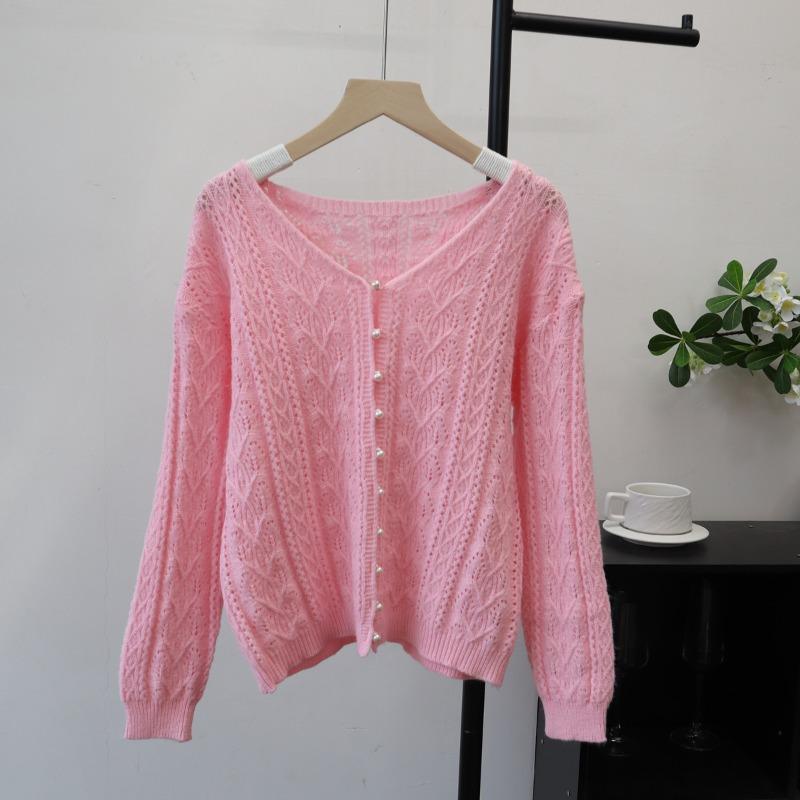 Early autumn new hollow design knitted cardigan thin soft waxy sweet loose sweater jacket women