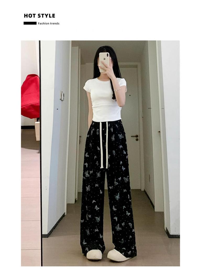 Sommerhose für kleine Frauen mit hohem Bund und weitem Bein, mit Innenfutter und Schmetterlingsrissen - Lässiger und bodenlanger Stil