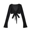 Women's Thin V-neck Cropped Top with Waist Tie & Bell Sleeves - Spring/Summer Long Sleeve Sun Protection
