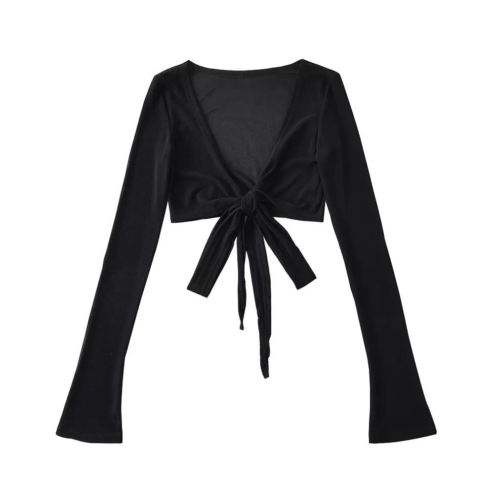 Women's Thin V-neck Cropped Top with Waist Tie & Bell Sleeves - Spring/Summer Long Sleeve Sun Protection