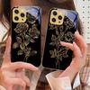 Golden Rose Flowers For IPhone 16 Pro Max 15 P Ro 14 M Ax 13 Plus 12 Mini 11 XS Max XR Golden Tempered Glass Phone Case
