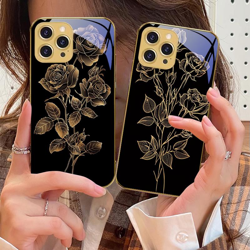 Golden Rose Flowers For IPhone 16 Pro Max 15 P Ro 14 M Ax 13 Plus 12 Mini 11 XS Max XR Golden Tempered Glass Phone Case