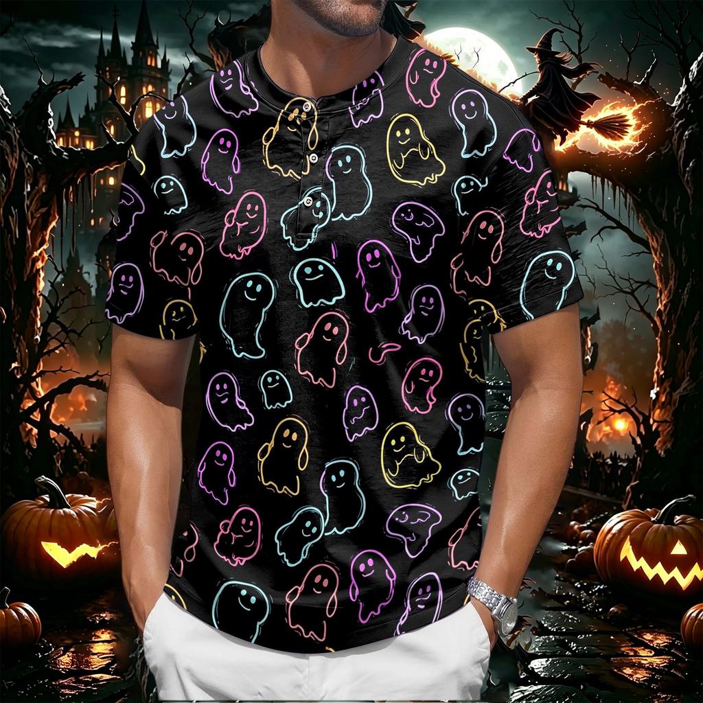 Men's Halloween Print Short Sleeve Henley Shirt Casual Round Neck Button Up Top for Seasonal Wear
