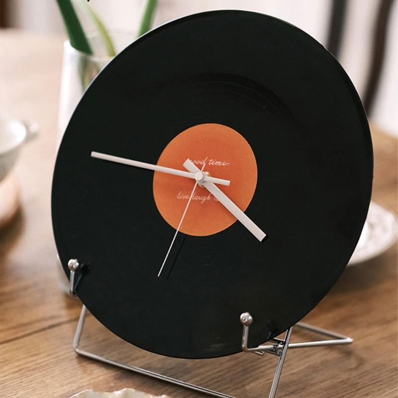 12inch Record Shape Wall Clock Nostalgic Designing With Metal Stand Desk Clocks for Cafe and Loveing  Room Decoration
