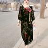 Spring Autumn Women's Gold Velvet Dress Round Neck Printed Plus Size Dress Long Floral Dresses