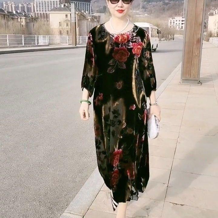 Spring Autumn Women's Gold Velvet Dress Round Neck Printed Plus Size Dress Long Floral Dresses