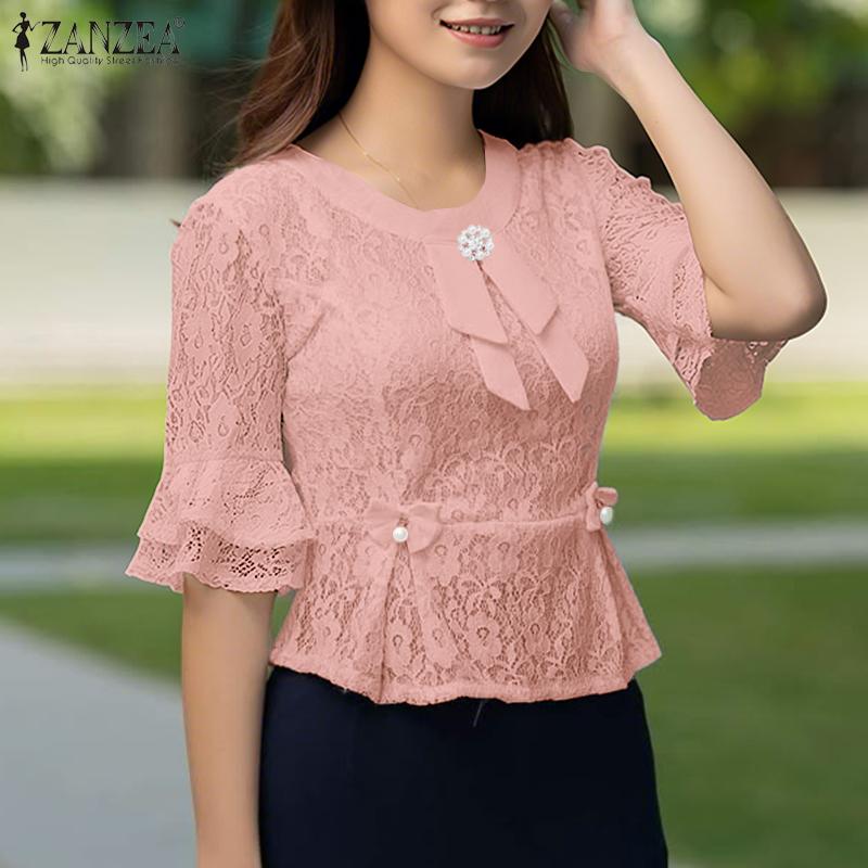 ZANZEA Women Summer Round Neck Half Sleeve Lace Patchwork Blouse