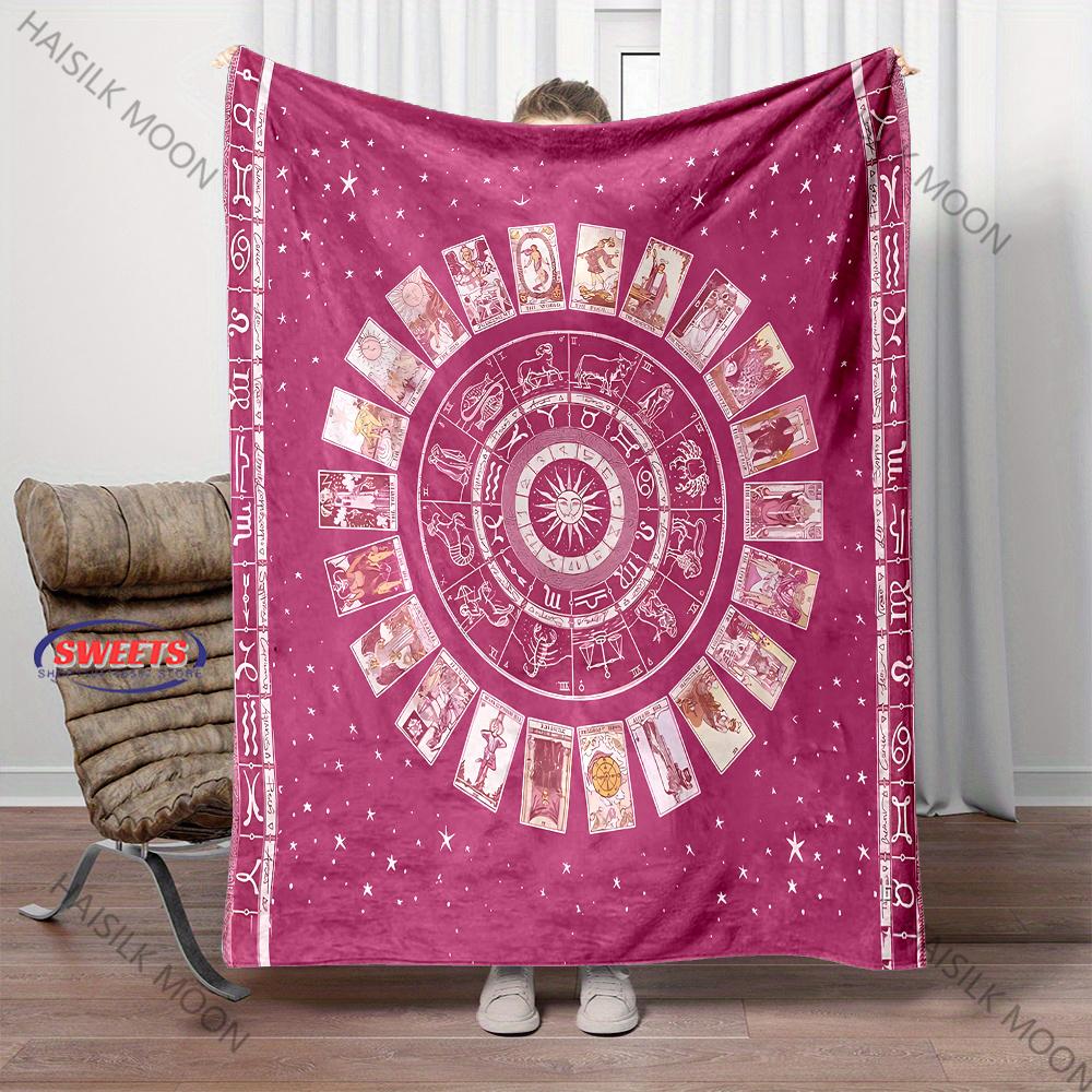 12 Zodiac Card Printed Blanket - Super Soft Bedding Divination Tarot Pattern Lightweight Home Four Season Throw & Shawl Blanket