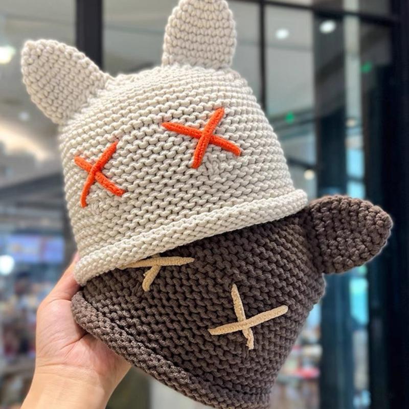 Popular Bobble Hat Knit Beanie Hat with Cat Ear Women Winter Warm Hat Sweet Girls Bucket Hat Soft Breathable Skull Cap