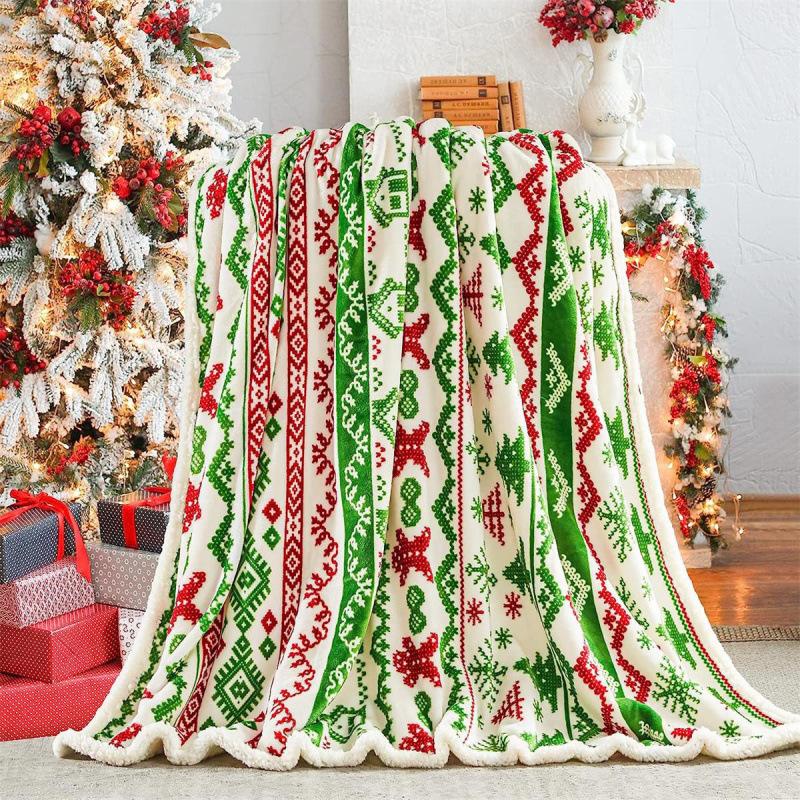 Christmas Reindeer Throw Blanket Double Layer Thicken Fluffy Soft,Warm,Fleece Flannel Santa Claus Snowman Blanket Home Gift
