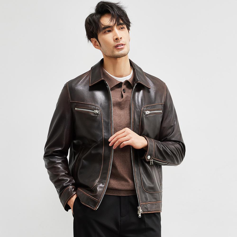 Мужская кожаная куртка American Retro из козьей кожи с короткими лацканами — фото 5