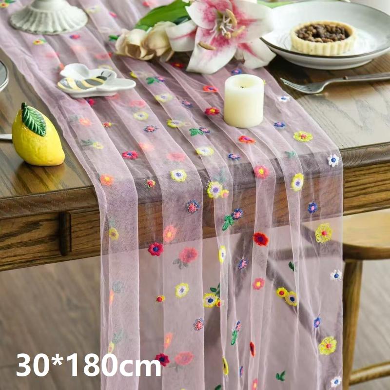 Embroidery Daisy Table Runner Floral Embroidered Lace Tulle Runner Colorful Flower Table Cover For Bridal Shower Birthday Party
