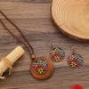 Bohemian Leaf & Turquoise Jewelry Set, Vintage Wood & Metal Necklace, Earrings & Ring for Women
