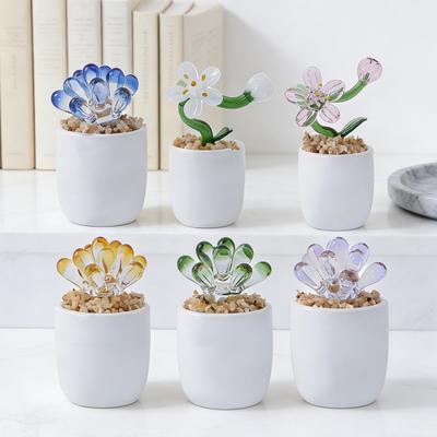 Cute Mini Faux Crystal Flower Figurine Collectible Hand Blown Glass Flower Ornament In Pot Gifts for Mother's Day Birthday Christmas