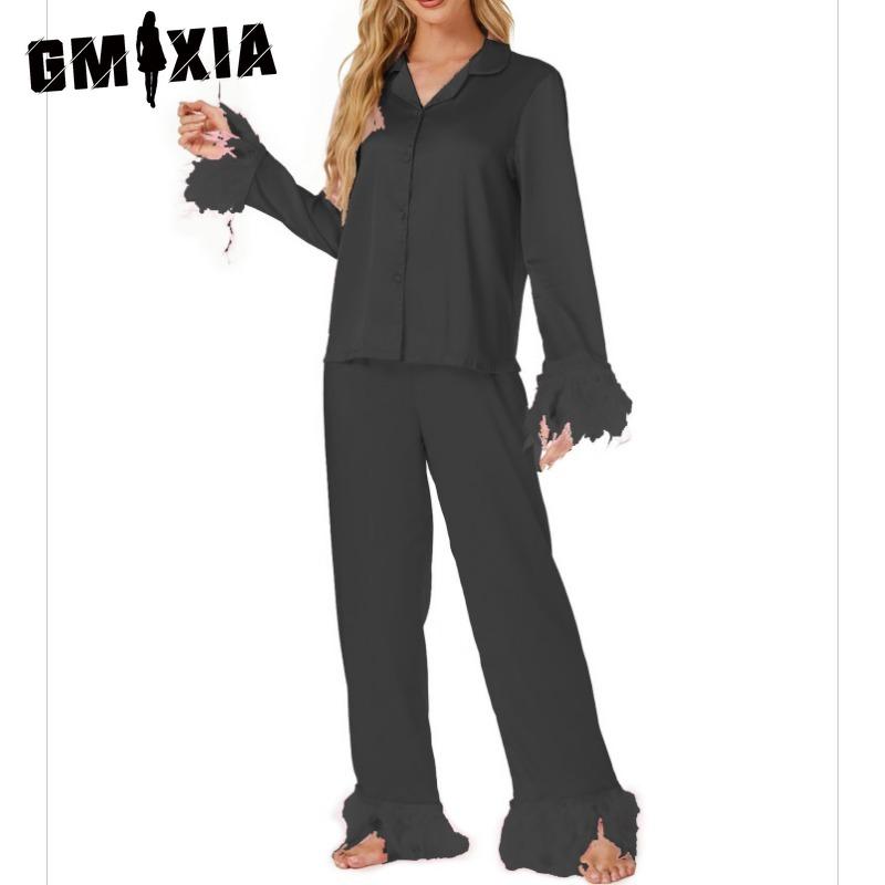 GMXIA Luxury Elegant Feather Loungewear Set Pajamas Long Sleeve Long Pants Two Piece Set