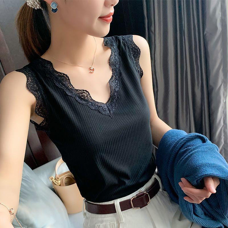 Plus Size V-neck Knit Lace Camisole - Sleeveless Pure Color Base Layer for Women
