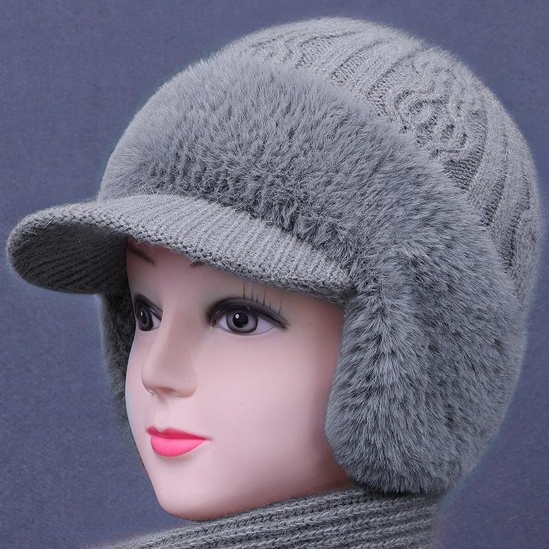 

Женский комплект из норковой велюровой шапки и шарфа с защитой ушей - Зимняя вязаная шапка-утка