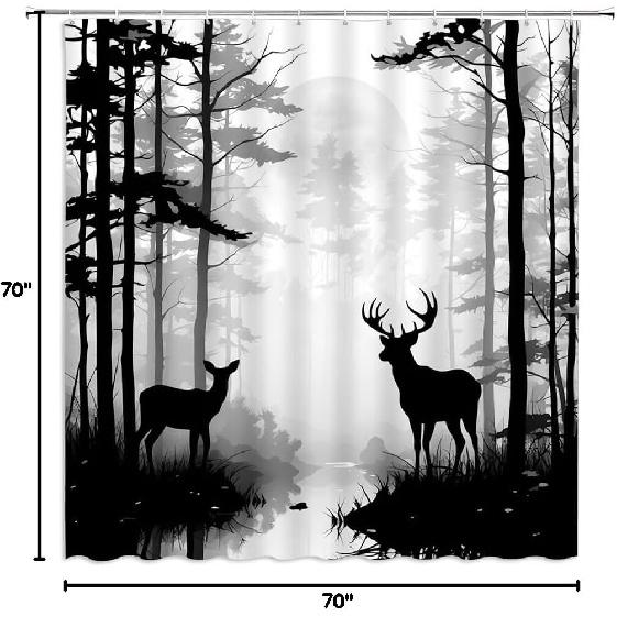 Deer Shower Curtain Foggy Forest Wildlife Hunting Moon Mountain Rustic Lodge Country Farmhouse Pine Tree Outdoor Gray Bathroom Decor Fabric Curtains