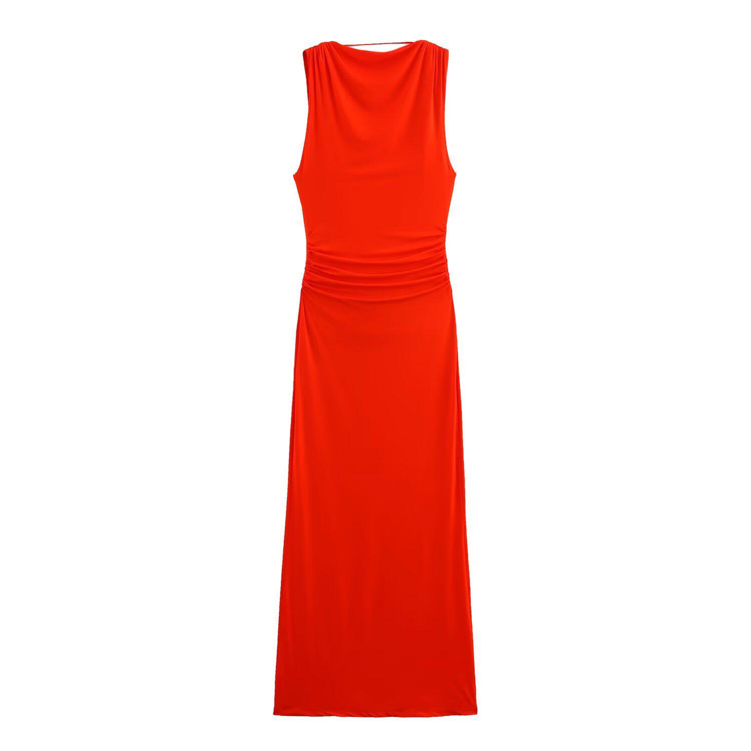 

2025 Spring/Summer Women s Backless Ribbed Pleated Dress L