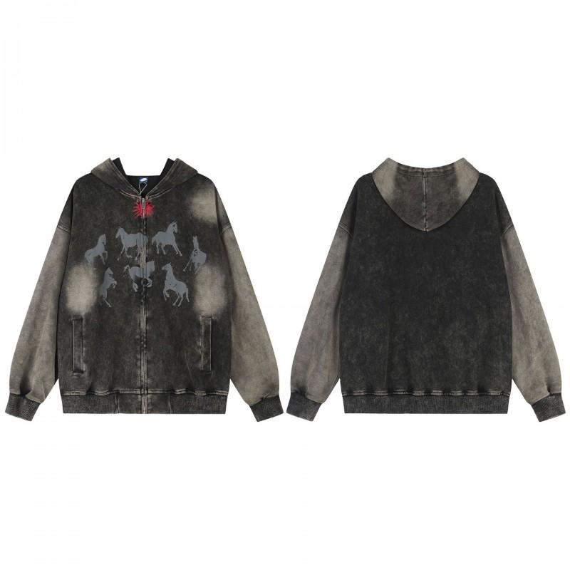 Womens Vintage American Style Horse Print Zip Up Hoodie Loose Casual Couple Sweatshirt