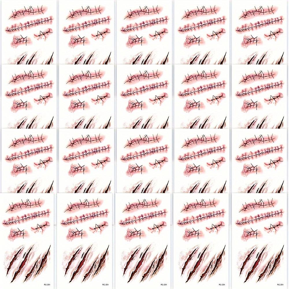 20 Sheets Halloween 3D Fake Scar Temporary Tattoos For Adults, Horror Fake Tattoos For Body Face Masquerade Prank