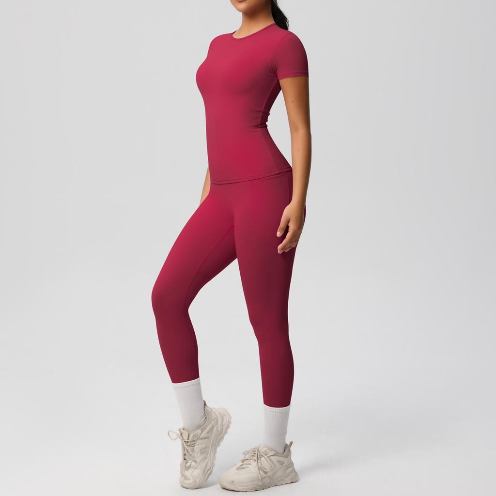Solid Color Double-sided Brushed Breathable High Elasticity Tight Yoga Suit Set, Sports Running Fitness Two-piece Set