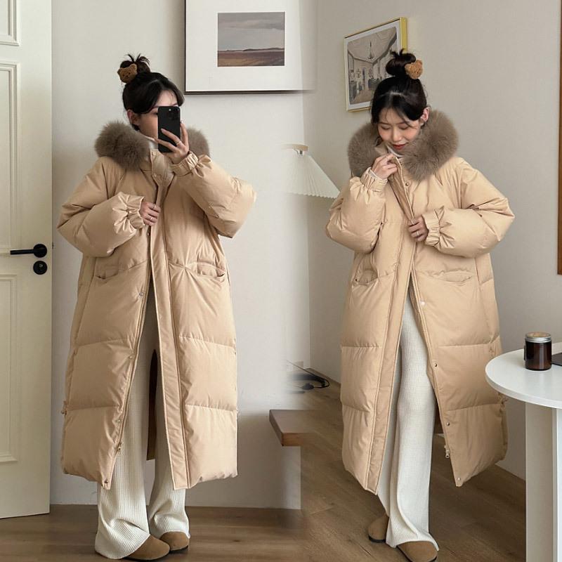 

Женская пуховая куртка, длинная до колена, новая корейская версия 2025 года, хлопковая куртка с большим меховым воротником для женщин, толстое зимнее пальто из Китая XL хаки