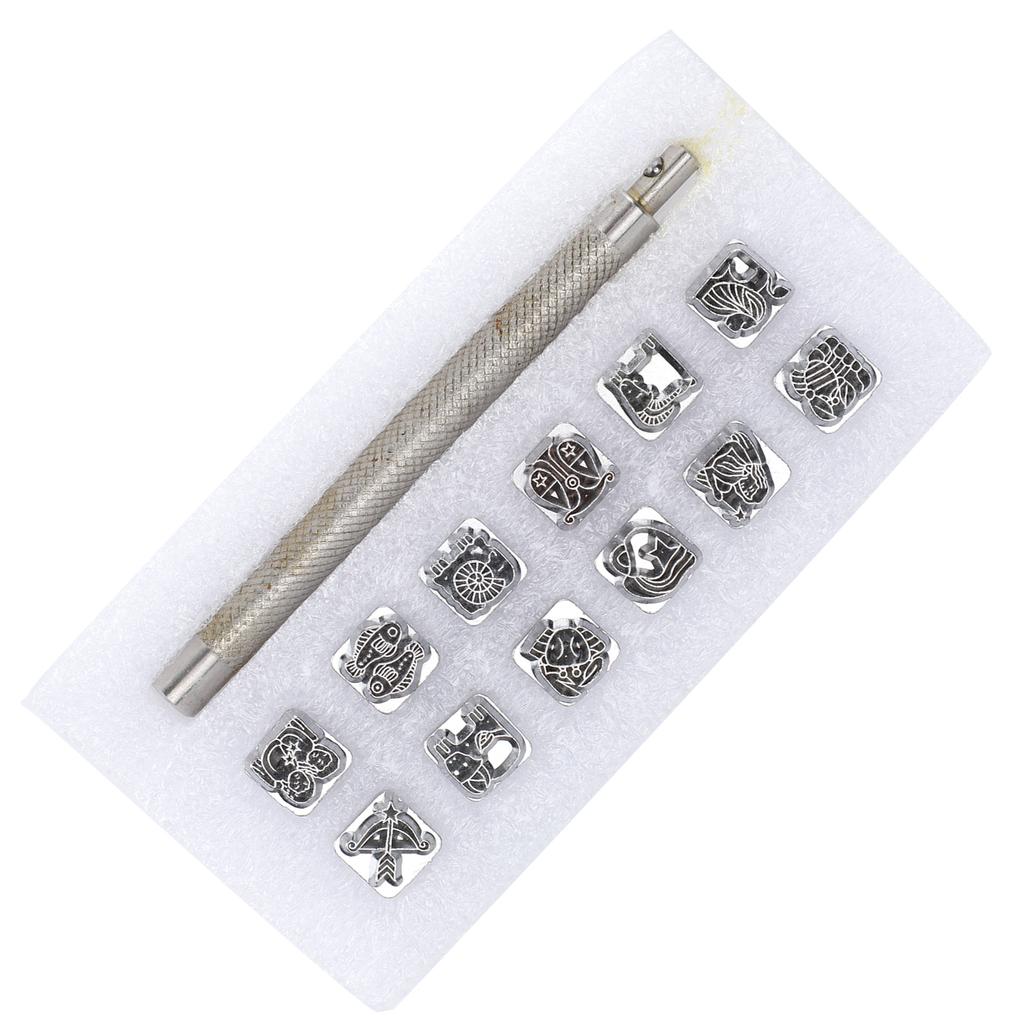 12Pcs Stamping Punch Tool Leather Craft Alloy Steel DIY Vegetable Leather Stamper 1Pc Handle(Twelve