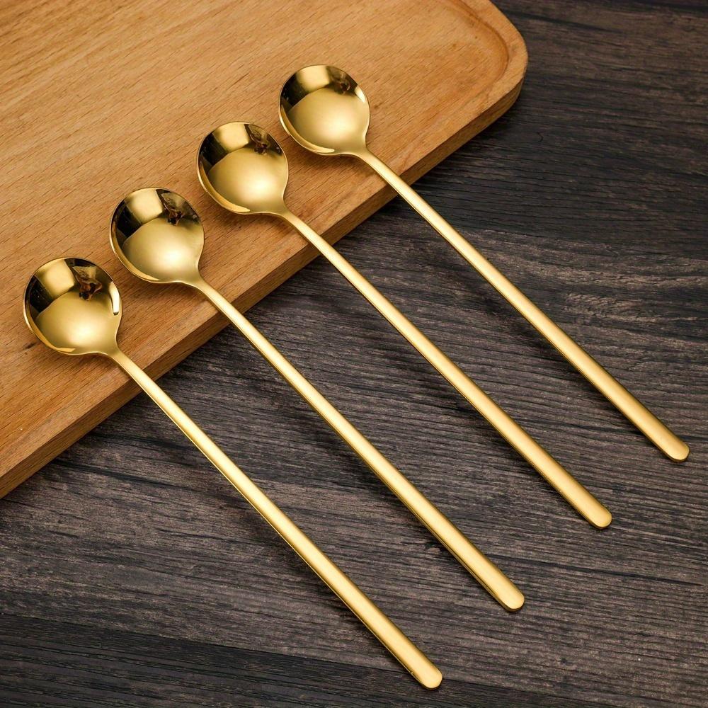 4PCS 304stainless steel long handle spoon, golden coffee stirring spoon teaspoon, elegant home kitchen utensils